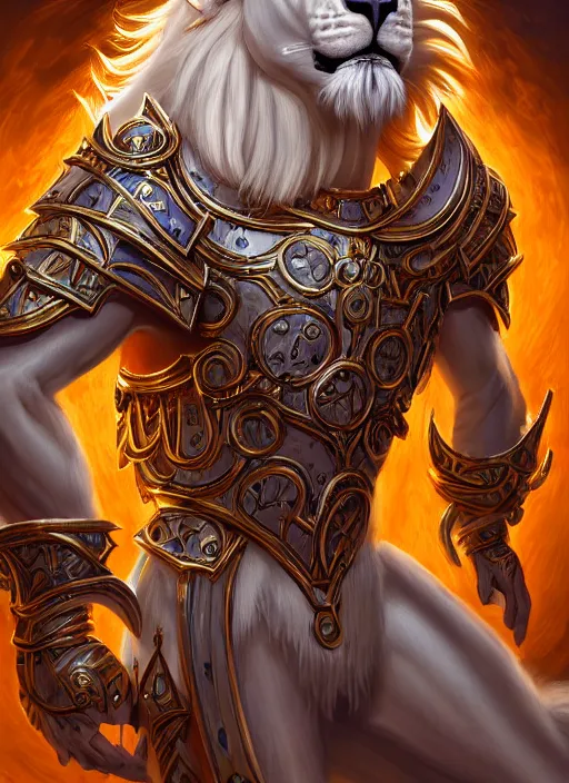 Image similar to anthropomorphized white lion paladin casting magic bright light spell, smiling, casting spell, concept art, insanely detailed and intricate, hypermaximalist, elegant, ornate, hyper realistic, super detailed, art deco, cinematic, trending on artstation, magic the gathering artwork