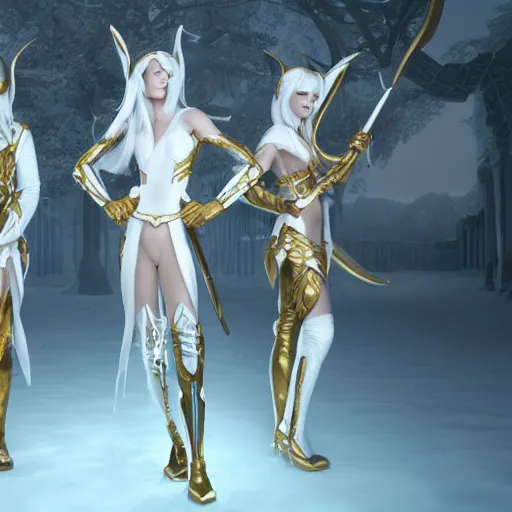 Image similar to lumineth realmlords elves, warrior, white and gold and blue, full body portrait, hyperrealistic, white city background, octane render