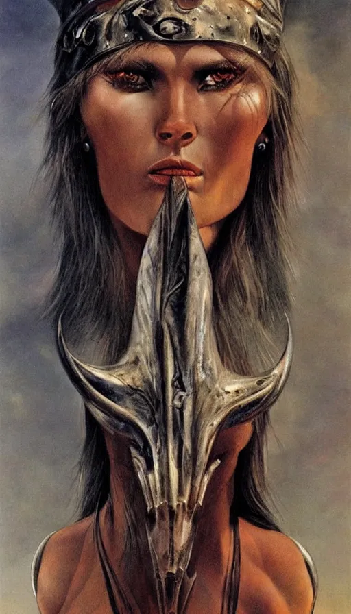 Image similar to illustrated by Boris Vallejo and H.R. Giger | Beautuful portrait of a warrior-girls