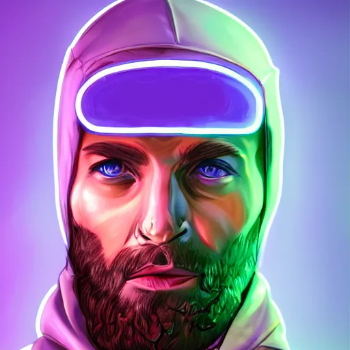 Image similar to a portrait of an ultradetailed futuristic cyberpunk wearing a hoodie on his head, bearded, deep blue eyes, by dylan kowalski, 8 k, purple neon colours, digital painting