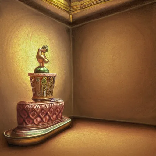 Image similar to still life renaissance pastel painting of a room with a marbled pedestal displaying an ancient holy artifact lotus, chromed and ornate with gentle iridescent shine from within. perspective from the side. realistic light and shadows. moody final fantasy concept art