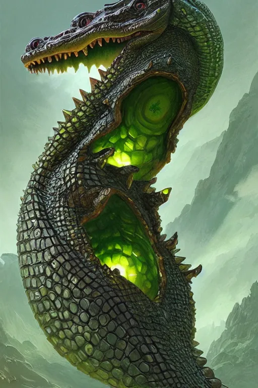 Image similar to crocodile god avocado, d & d, fantasy, intricate, elegant, highly detailed, digital painting, artstation, concept art, matte, sharp focus, illustration, art by artgerm and greg rutkowski and alphonse mucha