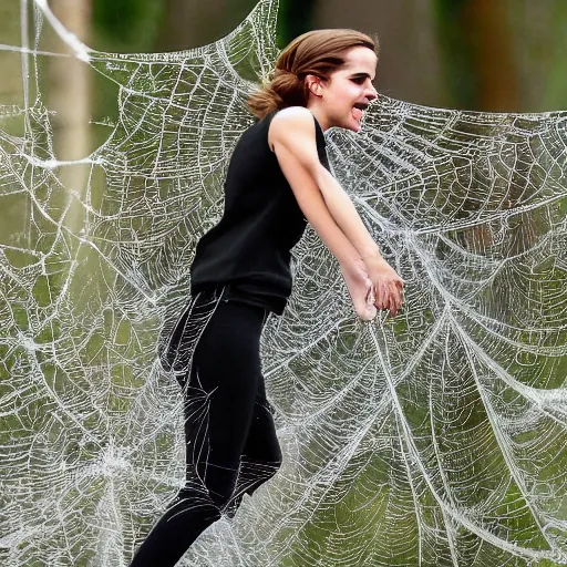 Prompt: emma watson stuck to the ground with giant spider webs