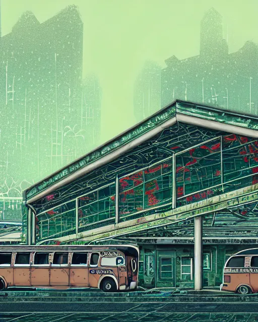 Image similar to a beautiful detailed illustration of abandoned building bus station by denise scott brown, apocalyptic tundra reclaimed by nature wilderness magic realism junglepunk liberty city studio ghibli thermal vision poppy cyberpunk meadow thermal imaging darkacademia biopunk dramatic lighting, archdaily, wallpaper, highly detailed, trending on artstation.