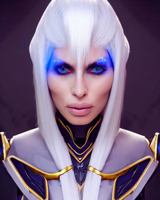 Prompt: perfect white haired attractive egyptian goddess, warframe armor, beautiful, symmetric, dreamy, half asian, pretty face, blue eyes, joanna lumley, detailed, scifi platform, laboratory, experiment, 4 k, ultra realistic, epic lighting, android body, illuminated, cinematic, masterpiece, art by akihito tsukushi, voidstar