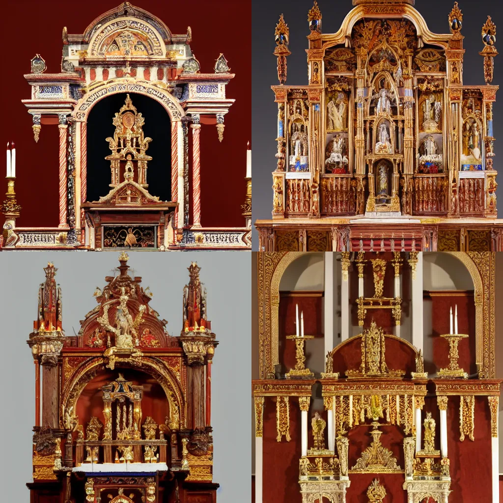 Prompt: a spanish mission style high altar, photo, 150mm, 8k UHD