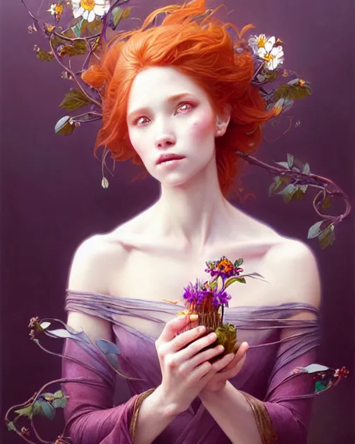 Prompt: Beautiful and playful ethereal ginger portrait having lunch, art nouveau, fantasy, intricate flower designs, elegant, highly detailed, sharp focus, art by Artgerm and Greg Rutkowski and WLOP