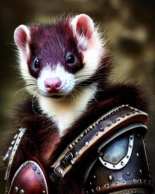 Image similar to ferret love warrior, furry, fantasy, viking, high detailed, hearts, photography, cloudy, lightweight leather armour, scandinavia, plain, detailed face, look into the distance, serious face, full body, in full growth, professional photographer, masterpiece, 5 0 mm, extremely detailed, digital art, middle ages, 8 k