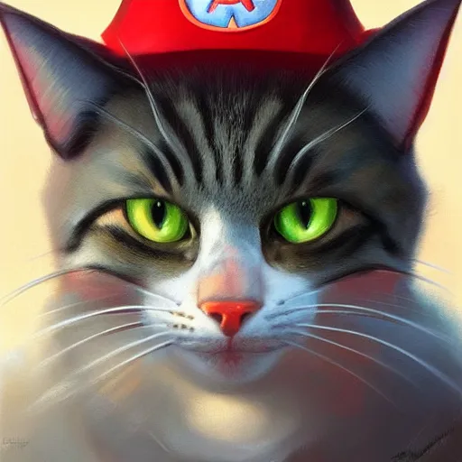 Image similar to Portrait of a Cat dressed as Super Mario, nintendo, highly detailed, digital painting, artstation, concept art, smooth, sharp focus, illustration, art by artgerm and greg rutkowski and alphonse mucha