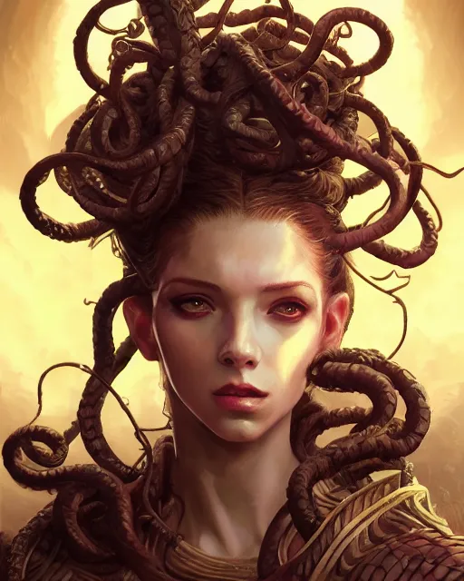 Image similar to portrait of a gorgeous Medusa , magic the gathering artwork, D&D, fantasy, cinematic lighting, centered, symmetrical, highly detailed, digital painting, artstation, concept art, smooth, sharp focus, illustration, volumetric lighting, epic Composition, 8k, art by Akihiko Yoshida and Greg Rutkowski and Craig Mullins, oil painting, cgsociety