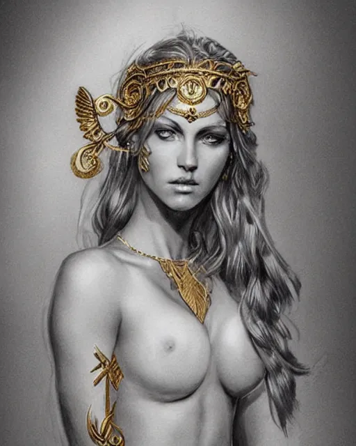 Image similar to tattoo design sketch of hot blonde super model as aphrodite greek goddess wearing a gold laurel wreath and triangle earrings, beautiful piercing gaze with sharp pupils, in the style of greg rutkowski, fantasy, amazing detail, epic, elegant, smooth, sharp focus, front view