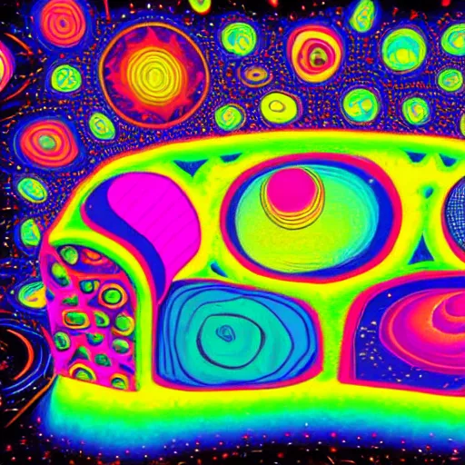 Image similar to psychedelic trippy couch in space, planets, milky way, sofa, cartoon