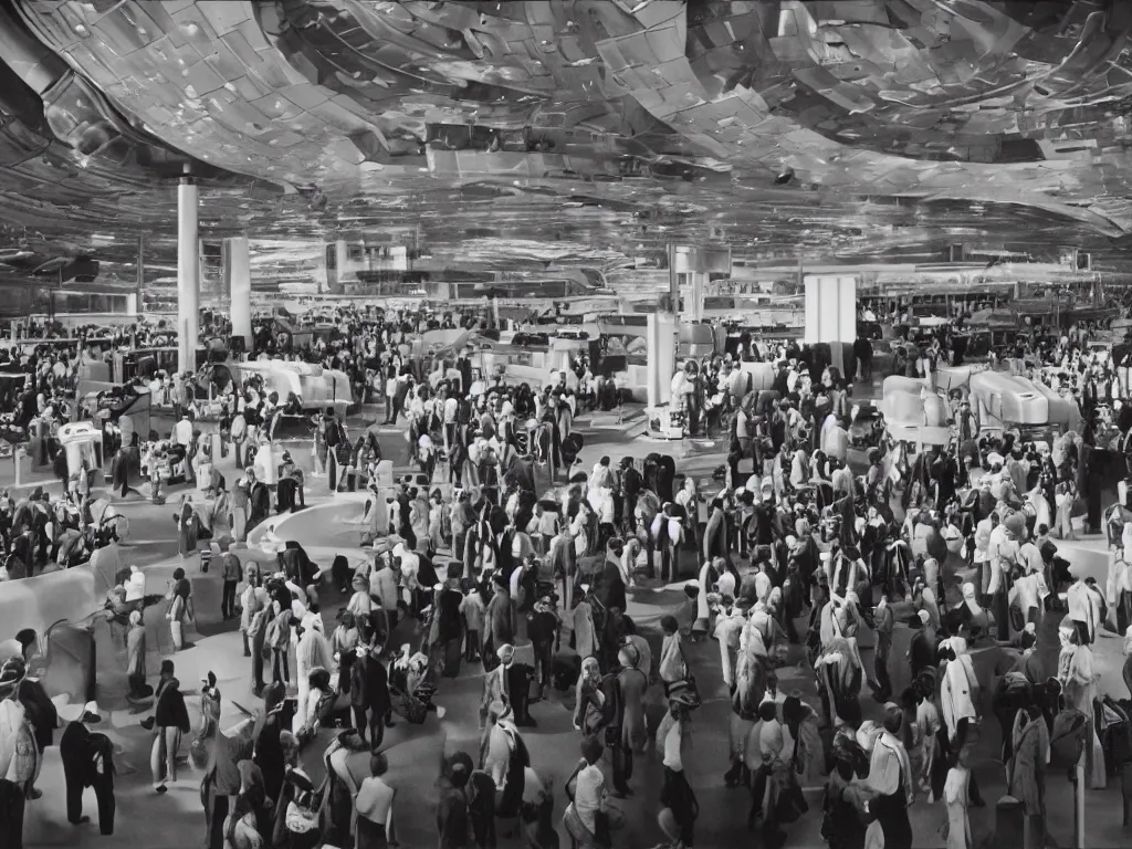 Prompt: kodachrome photo of the interior boarding area of a busy spaceport on future earth, intricate film still by stanley kubrick. very coherent photograph. cinematic, hyperrealistic, high detail