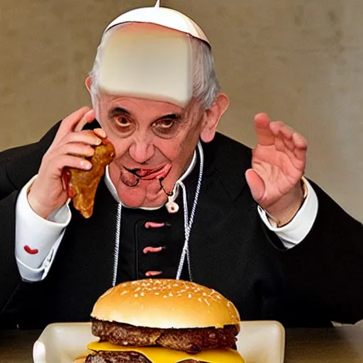 Image similar to the pope eating an hamburger at mcdonald's