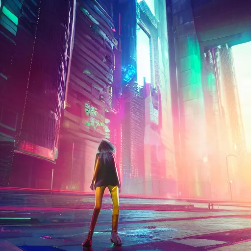 Image similar to the cyberpunk girl in downtown future city, render, octane, 4k, highly detailed, vivid colors, high definition