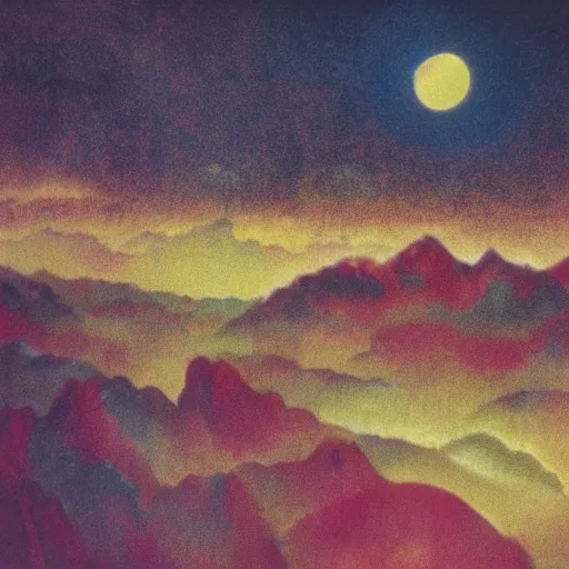 Prompt: mountains of light under a bright cloudy sky, overexposed retro science fiction vintage art