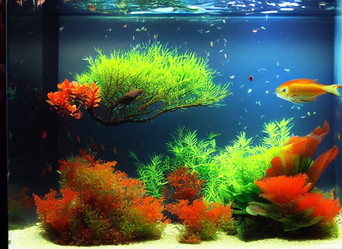 Prompt: ember tetra planted aquarium, placid morning rays, adorable planted cute cluttered aquarium with little fishies, trending on pixiv,