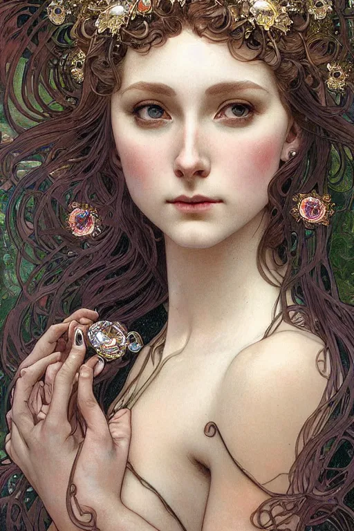 Prompt: realistic detailed face symmetrical profile portrait of the beautiful young Queen of Precious Stones with rough crystal point clusters growing out of her hair by Alphonse Mucha, Ayami Kojima, Amano, Charlie Bowater, Karol Bak, Greg Hildebrandt, Jean Delville, and Mark Brooks, Art Nouveau, Neo-Gothic, gothic, rich deep moody colors