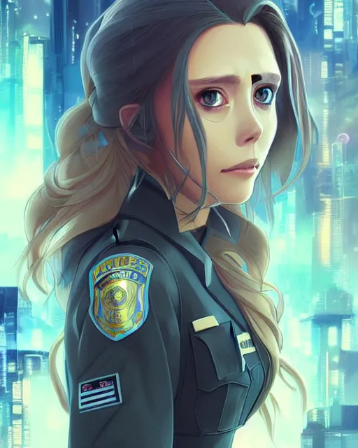 Image similar to anime key visual of elizabeth olsen police officer, cyberpunk, futuristic, perfect eyes, stunning features, perfect face!!, high details, digital painting, artstation, smooth face, soft focus, illustration, art by artgerm and greg rutkowski and alphonse mucha