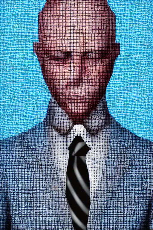 Image similar to man made of glitch art wearing a suit, game character, portrait, realism