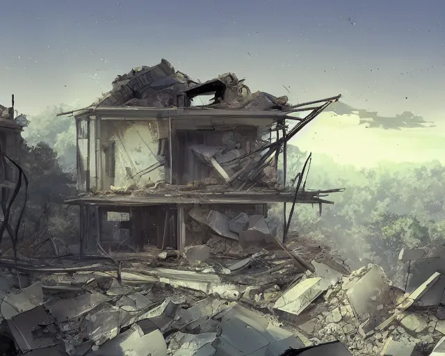 Image similar to an iPhone smartphone in the ruins of a house, rubble, ruins, post-apocalyptic, dust. By Makoto Shinkai, trending on ArtStation, digital art.