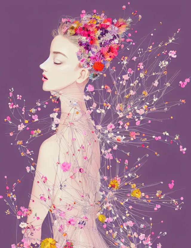 Image similar to fashionable illustration of a beautiful girl in a transparent dress, medium shot at eye level, delicate floral ornaments on fabric and hair, bright small birds, elegant, eiko ishioka, givenchy, peter murbacher, in the center, beautiful colors, origami, fashion, detailed, playful, dreamy, fashionable, japanese, real character creator, dynamic lighting