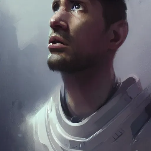 Image similar to portrait of a shocked man by greg rutkowski, he is about 3 0 years old, short black hair with bangs, scared and incredulous, very tall and slender, he is wearing futuristic space gear, highly detailed portrait, digital painting, artstation, concept art, smooth, sharp foccus ilustration, artstation hq