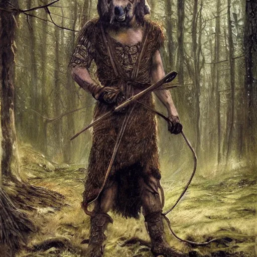 Prompt: slavic dog head man, woolen torso in medieval clothes, hiding in the forest, orthodox saint christopher, art by luis royo, oil painting, painting by viktor vasnetsov, concept art, hyperrealism, beautiful, high resolution, trending on artstation,