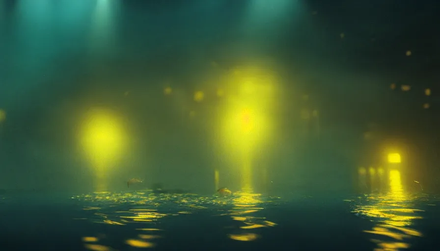 Image similar to a city underwater, landscape shot, small fish swimming around, yellow lights, by jmw turner, cold colors, highly detailed, moody lighting, octane render, 4 k, 8 k, ultrarealistic