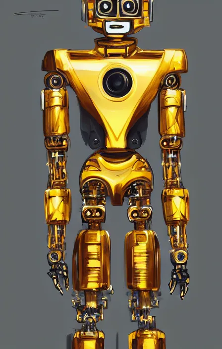 Image similar to a robot wearing a golden dress, full body shot, highly detailed, digital painting, artstation, concept art, smooth, sharp focus, illustration