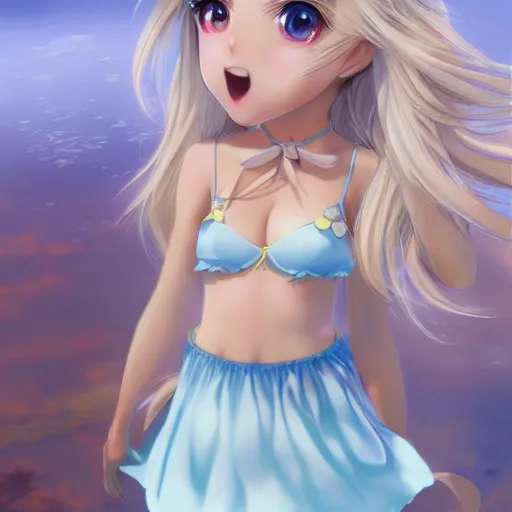 Image similar to a very beautiful young anime princess girl, full body, long wavy blond hair, sky blue eyes, full round face,, bikini, miniskirt, front view, mid - shot, highly detailed, cinematic wallpaper by stanley artgerm lau