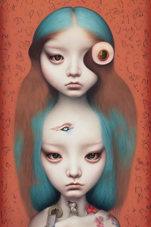 Image similar to pop surrealism, lowbrow art, realistic cute girl painting, japanese street fashion, hyper realism, muted colors, mark ryden, trevor brown style