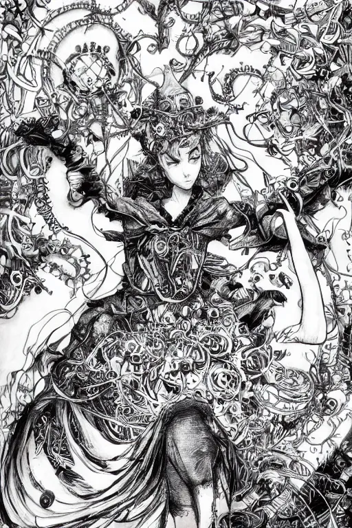 Prompt: Synthwave Alice in wonderland , pen and ink, intricate line drawings, by Yoshitaka Amano, Ruan Jia, Kentaro Miura, Artgerm, watercolor