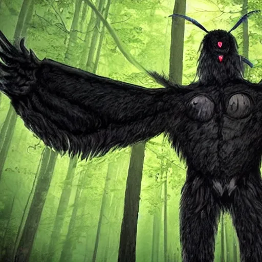 Image similar to mothman hanging out with bigfoot, hyperrealistic