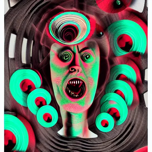 Image similar to depraved and insane man with spiral eyes and tvs with eyes on the screen all around in the style of herbert ploberger and nainoa rosehill, mixed media, 8 k ultra, surrealist