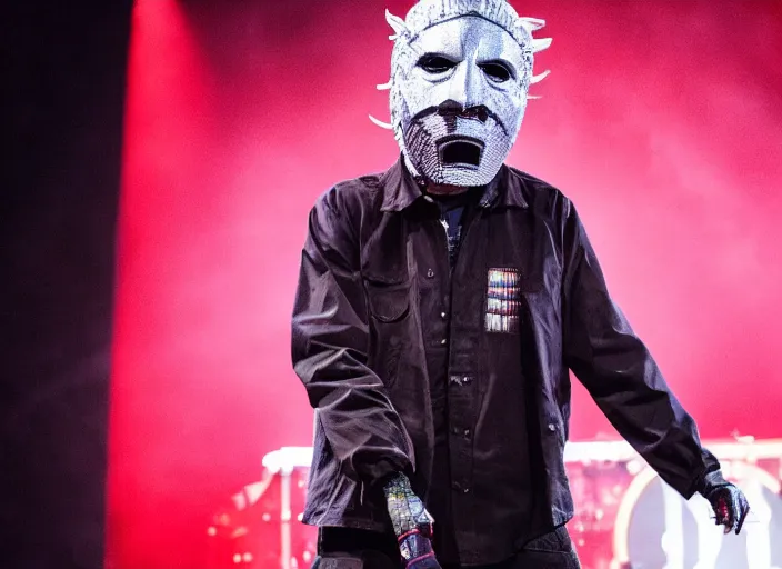 Image similar to publicity photo still of larry david wearing a slipknot mask touring with slipknot live on stage, 8 k, live concert lighting, mid shot