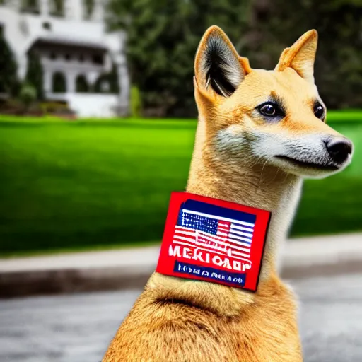 Image similar to doge wearing a make america great again cap, realistic, super detailed, wide shot, 8 k,