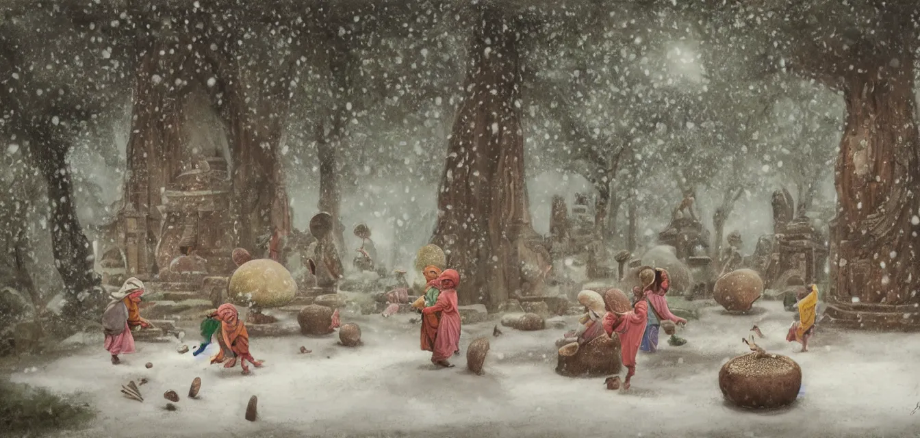 Prompt: botanical illustration of a few diverse children playing around an indonesian candi temple under a single giant mushroom while it snows, pastel hues, janne laine, outi heiskanen, gentle morning light