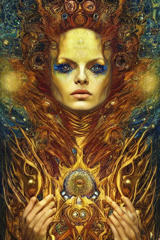 Image similar to Divine Chaos Engine by Karol Bak, Jean Deville, Gustav Klimt, and Vincent Van Gogh, beautiful visionary mystical portrait, sacred, otherworldly, fractal structures, ornate gilded medieval icon, third eye, spirals