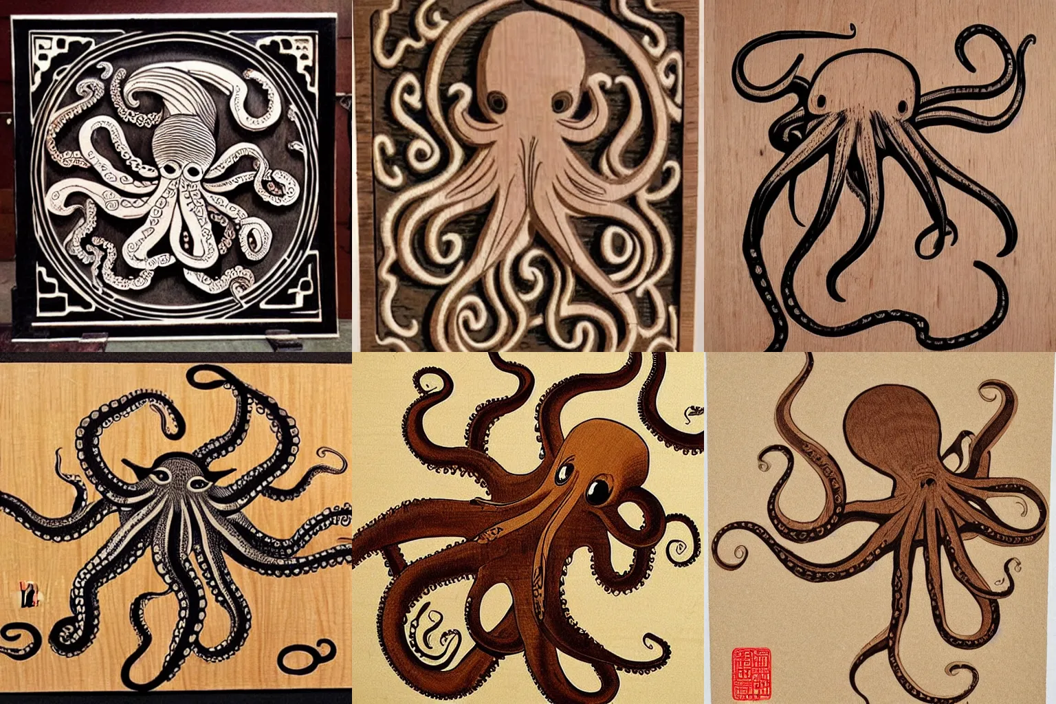 Prompt: octopus wood cut by Chinese master, very detailed