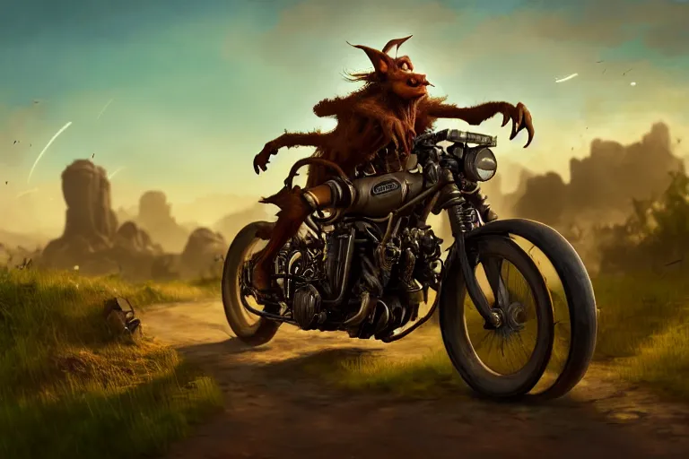 Image similar to A goblin riding a steampunk motorcycle on a dirt road in a meadow, volumetric light, studio lighting, hyperdetailed, artstation, cgsociety, 8k