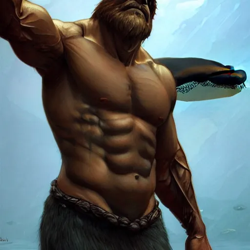 Image similar to portrait of a rugged killer whale warrior, muscular, upper body, hairy torso, D&D, fantasy, intricate, elegant, highly detailed, digital painting, artstation, concept art, matte, sharp focus, illustration, art by Artgerm and Greg Rutkowski and Alphonse Mucha