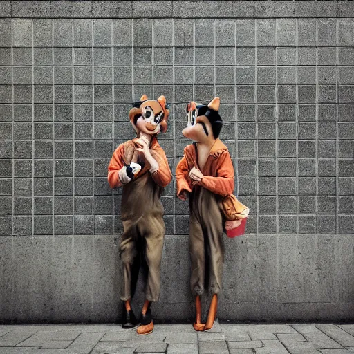 Image similar to two chipmunks, chip and dale, smoking cigarettes, brutalist plattenbau houses at background, cinematic lighting, rainy weather, melancholy atmosphere, volumetric light, gothic architecture, realistic reflections, model agency, instagram photo, depression atmosphere, shot on sony a 6 4 0 0 camera, beauty filter, postprocessing