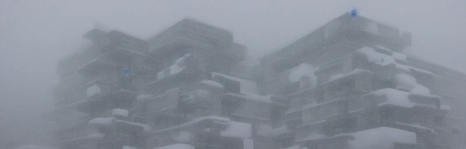 Image similar to snow falling on complex, geometric brutalist buildings, fragmented architecture, diagonal shapes, complex ramps, balconies, stairways, sharp focus, clear focus, beautiful, award winning architecture, le corbusier, frank lloyd wright, snow, fog, mist, hopeful, quiet, calm, serene