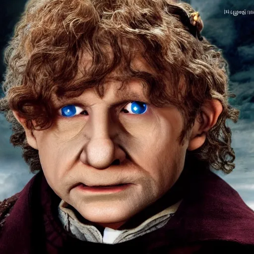 Image similar to Bilbo Baggins from the movies corrupted by the ring of power, realistic, photo, hyperdetailed