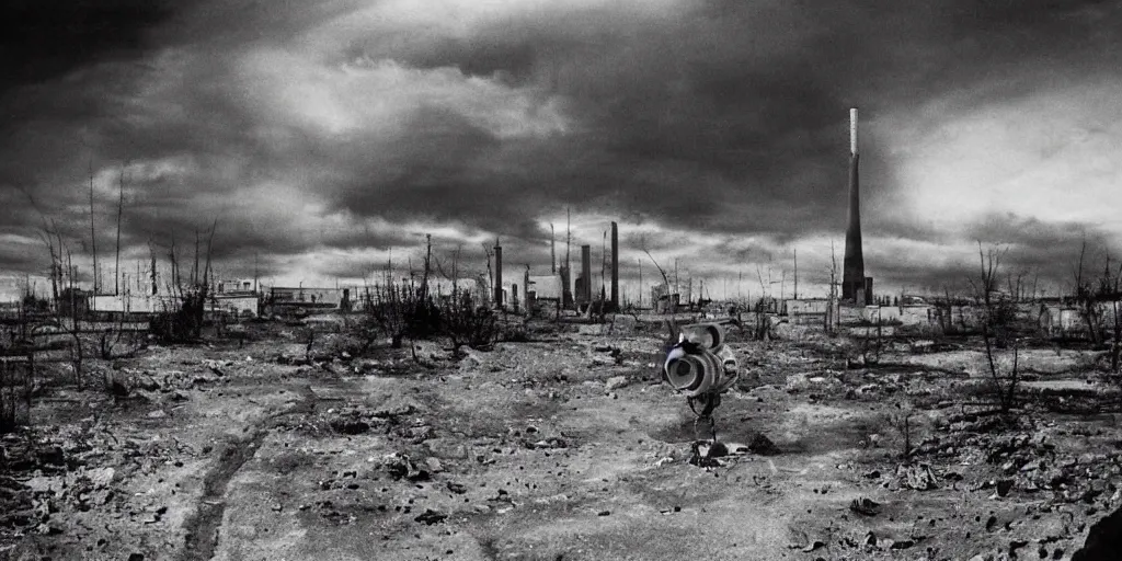 Image similar to portrait of irradiated post apocalyptic nuclear wasteland 1950s future black and white award winning photo highly detailed Arriflex 35 II, lighting by stanley kubrick
