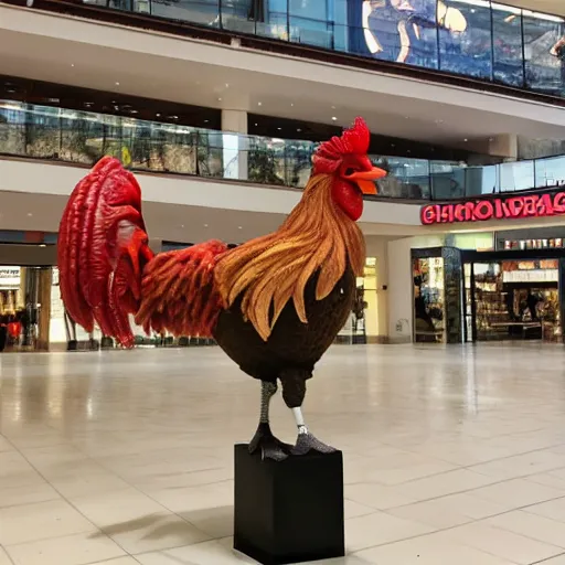 Image similar to giant rooster next to a small rooster inside a shopping mall