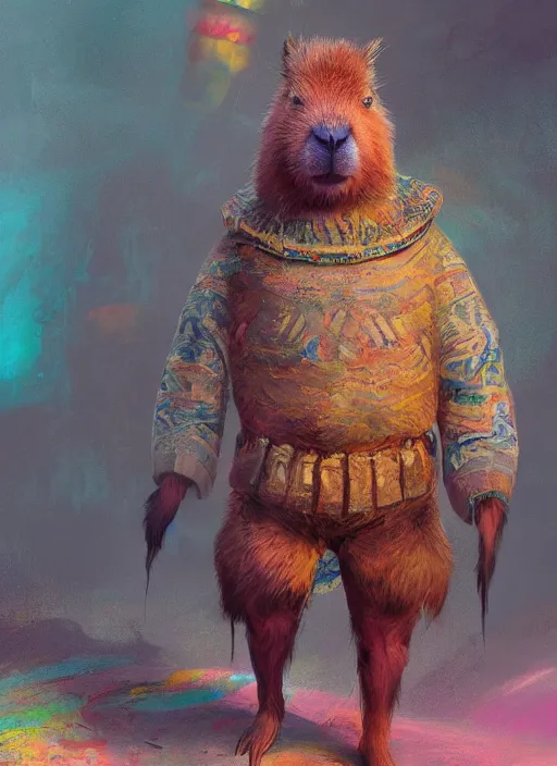 Image similar to detailed full body concept art illustration colorful pastel fantasy painting of a capybara merchant in full intricate clothing, ultra detailed, digital art, octane render, 4K, dystopian, micro details