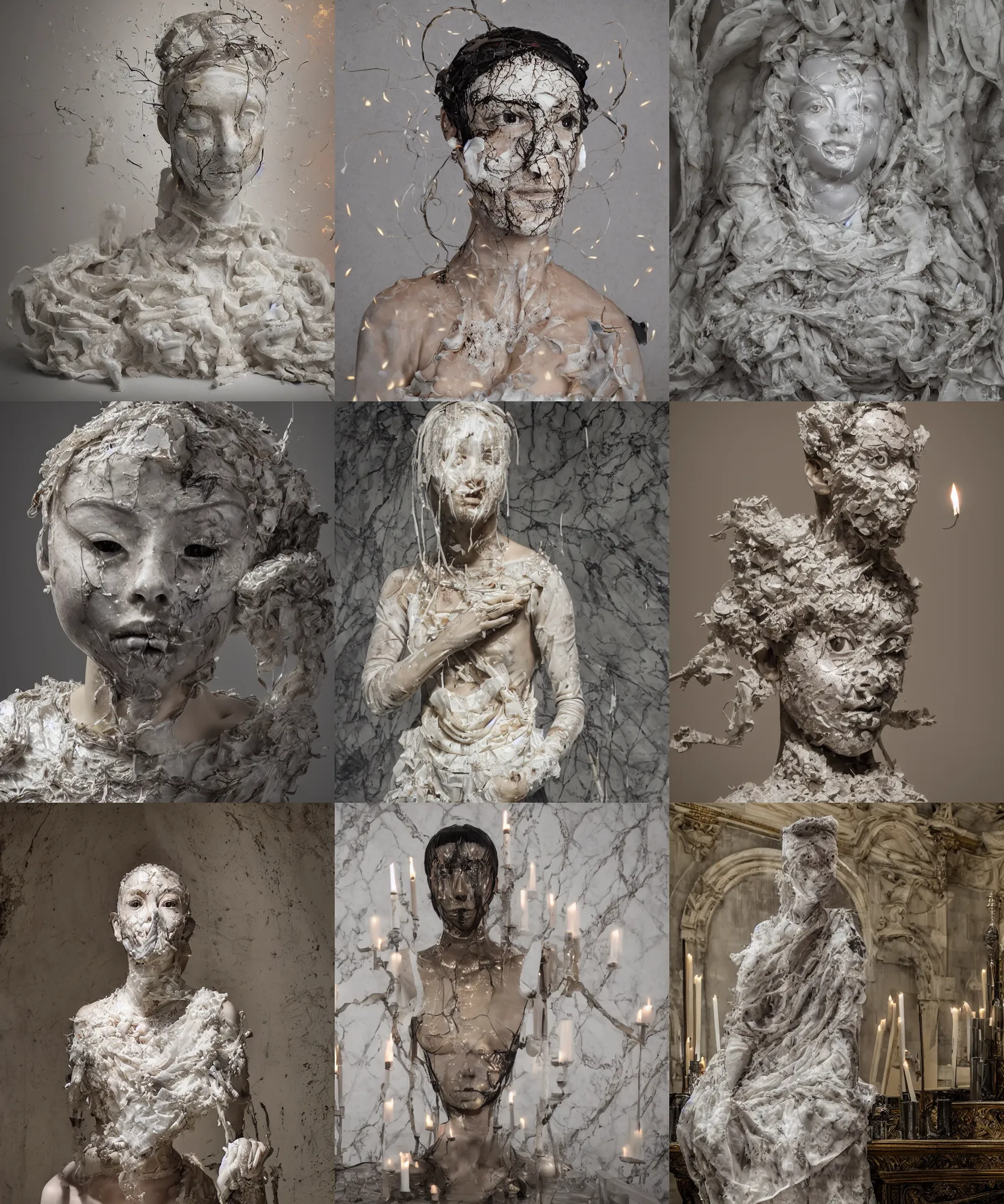 Prompt: a delicate renaissance wax goddess in steel full-face mask covered with many burned candles, highly detailed marble cloth, gi, global illumination, physically based rendering, photorealistic, top light, by Livio Scarpella, Urs Fischer, Jin Shan, Mooniq Priem and Nicola Samori