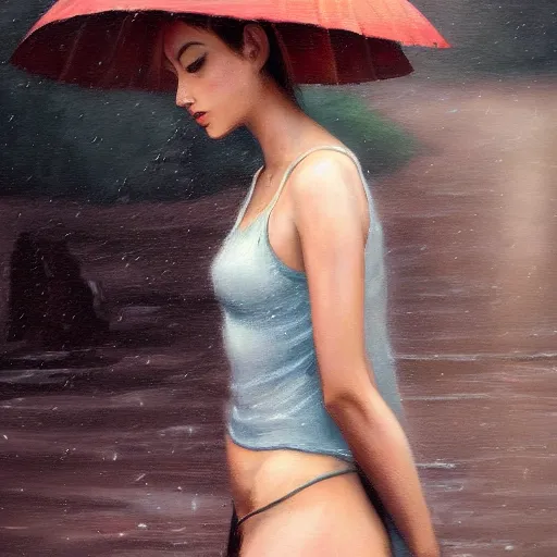 Image similar to a beautiful toned woman in the rain, aesthetic, oil painting, pale colors, high detail, 8 k, wide angle, trending on artstation,